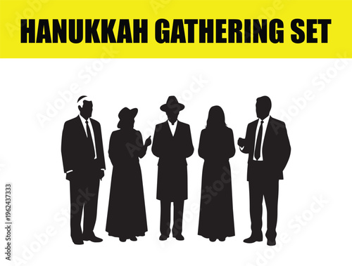 Hanukkah Gathering Set with Jewish People Silhouettes, Traditional Jewish Family and Community Celebration, Black Vector Figures for Religious Holiday Events