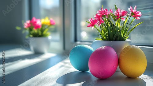 Vibrant pink flowers in a white pot sit behind a trio of pastel Easter eggs arranged on a ill bathed in soft sunlight creating a sptime scene.