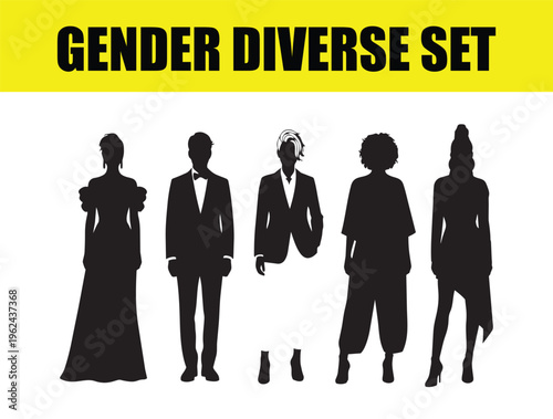 Gender diverse set of five people silhouettes, inclusive fashion and identity vector collection, diverse human figures in formal and casual attire, non-binary and queer representation
