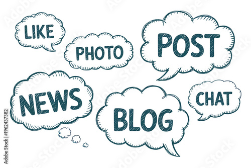 A collection of hand drawn speech bubbles displaying social media terms like like post news and blog