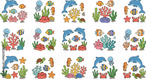 Cute Underwater Sea Life Scene Collection with Dolphin, Fish, Turtle, Seahorse, Jellyfish, Crab and Coral Reef Elements for Kids Ocean Illustration Set