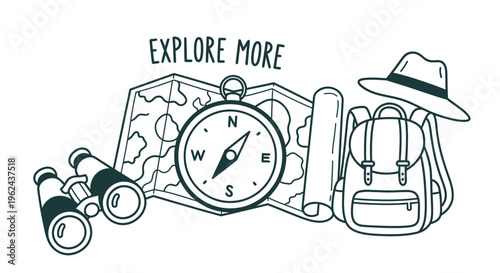 Hand-drawn illustration of essential travel gear for adventure and exploration, including a map, compass, binoculars, backpack, and hat, promoting the spirit of discovery and wanderlust