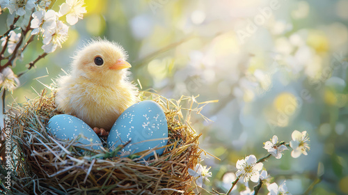 Adorable yellow chick rests peacefully in a cozy beside speckled blue eggs, surrounded by soft blossoms bathed in the gentle glow of sptime sunlight.