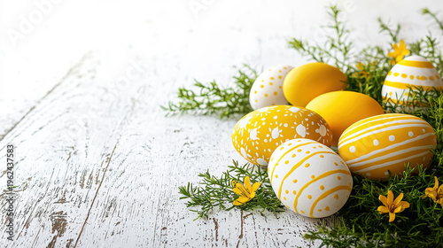 Bright yellow decorated Easter eggs are led amongst fresh green foliage and tiny flowers on a distressed white wooden surface with ample blank space overhead.