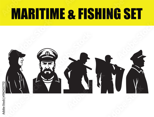 Maritime and fishing set with sailor silhouettes, sea captain portrait and fisherman icons. Nautical character vector collection, professional seafarer and mariner graphics for marine branding.