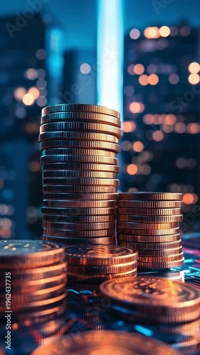 Stacks of coins on a table with a city skyline and lights in the background during evening hours