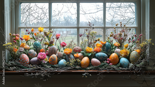 Easter decoration with vibrant colored eggs and flowers arranged beautifully on a ill inside a cozy home du the sp season for a festive holiday, exactly 150.
