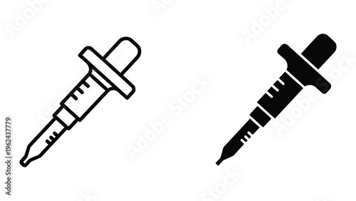 Contrasting medical syringes in black and white line art styles