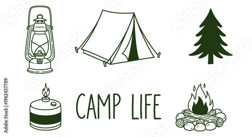 Camp Life Illustrations Lantern, Tent, Pine Tree, Camp Stove, and Bonfire