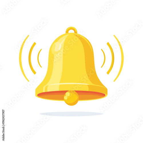 Golden bell ringing with sound waves emitting alert notification or announcement