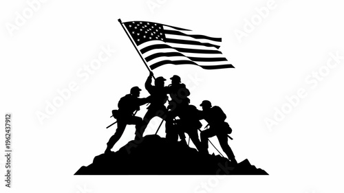 American Flag Silhouette of Military: A black and white silhouette of soldiers raising a flag high, symbolizing valor, patriotism, and dedication. A powerful tribute to those who serve. 