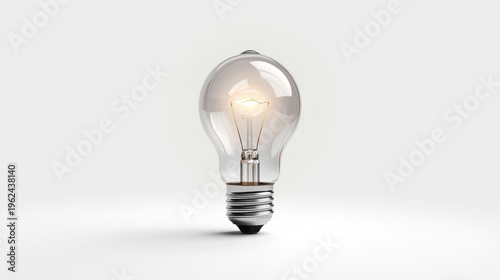 A glowing light bulb standing alone on a plain white background with a subtle shadow