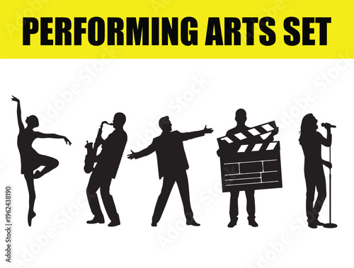 Performing arts set with black silhouettes of entertainers, theater and cinema icons collection, musician and dancer vector elements for stage and film production