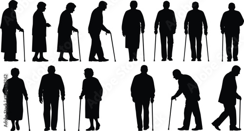 Silhouettes of elderly people in various poses with walking canes