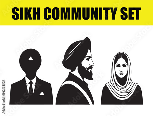 Sikh community set of black and white vector avatars, diverse Punjabi people icons including man in turban and woman in hijab, cultural identity character illustrations for graphic design