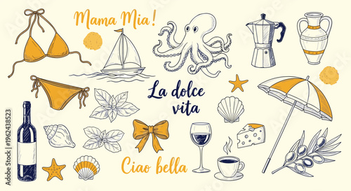 Italian summer vacation set featuring octopus, bikini, wine, food and beach umbrella for dolce vita