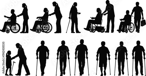 Silhouettes of people with disabilities and caregivers in various poses with aids like wheelchairs and walkers