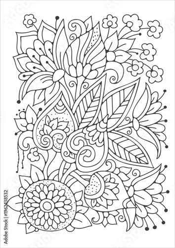A black and white coloring book for children and adults featuring fantasy flowers and buds. Art therapy.
