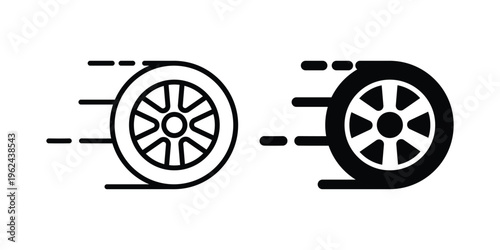 Car wheel and tire icon set in flat outline style. black rubber tires for vehicle, road, transport, and automotive design.
