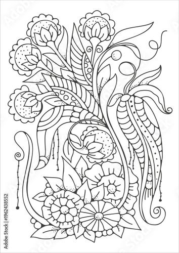 Beautiful fantasy flowers, a coloring book for children and adults. Black and white illustration for printing and coloring.
