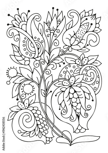 A beautiful flower coloring page for children and adults. Black and white illustration for coloring. Fantasy flowers.