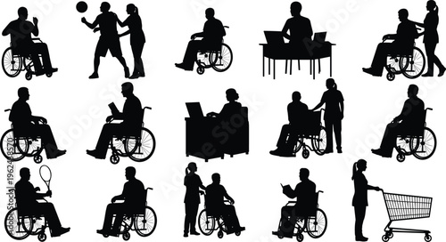 Diverse silhouettes of people engaged in various activities including sports and work on wheelchairs