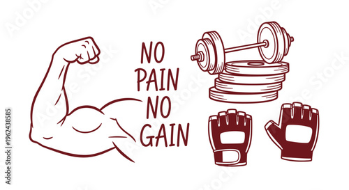 Hand-drawn fitness illustration featuring strong bicep, weights, gym gloves, and 'No Pain No Gain' text for workout motivation