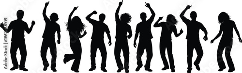 Silhouettes of people dancing and celebrating energetically on a transparent background