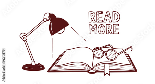 An illustrated depiction of an open book with glasses and a desk lamp, promoting the act of reading with the text 'READ MORE' above