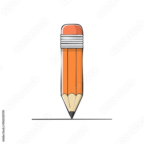 Cartoon orange pencil with eraser drawing a straight line on white