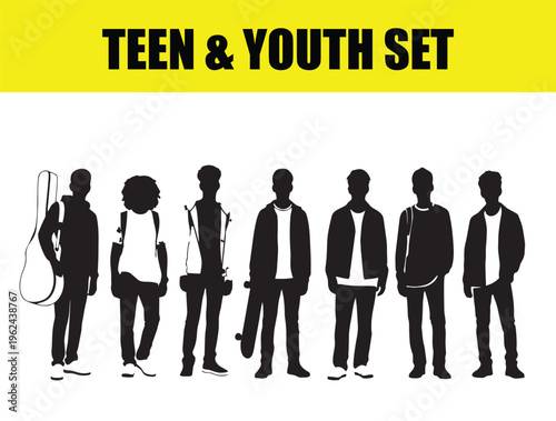Teen and youth set of black silhouettes, diverse group of teenagers with guitar and skateboard, young people standing in a row, urban student lifestyle vector collection