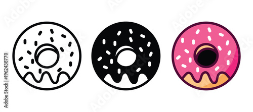 Donut with Sprinkles and Icing Icons set in Various Styles. glaze styles for bakery menus branding design