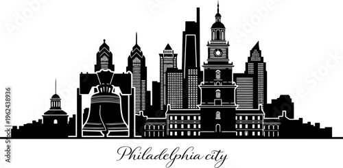 Philadelphia city silhouette with Liberty Bell and Independence Hall elements blended into skyline.