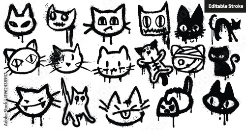 Editable Stroke Black Graffiti Cat Icons Vector Set - Dripping Spray Paint Abstract Cat Shapes.
