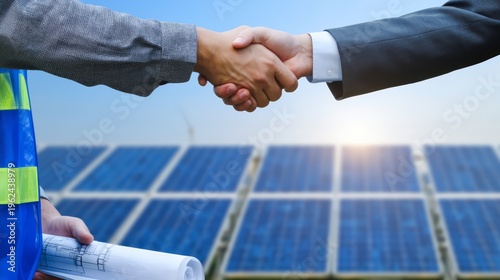 Handshake between a solar farm engineer and a businessman. Concept of solar panel installation deal.