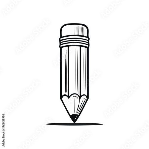 Single graphite pencil with eraser drawing a dark line, bold black outline, creative tool icon