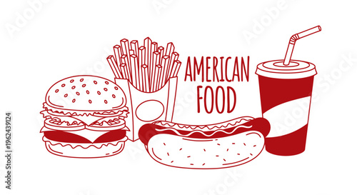 Classic American fast food meal drawing. Hand-drawn outline illustration of popular takeaway snacks like burger, fries, hot dog, and soda drink on white background, perfect for menus or advertising