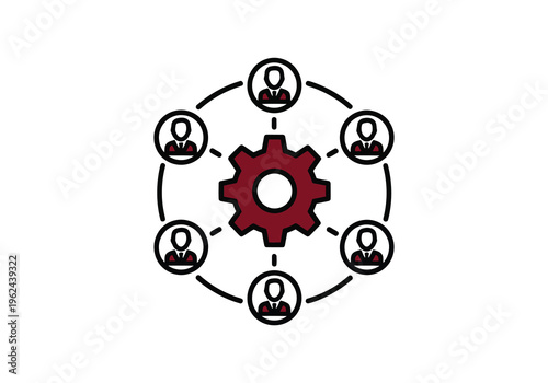 A red central gear acts as a dynamic hub, connecting six outlined human figures in a circular formation, symbolizing integrated teamwork.