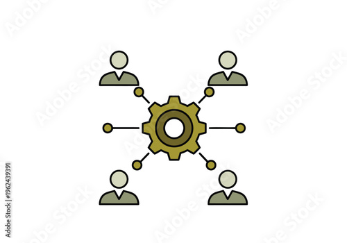 An olive green central gear connects four figures with green accents via distinct lines, representing a coordinated operational structure.