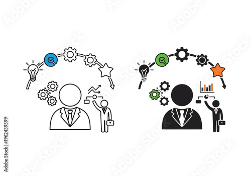 Two distinct icon styles illustrating a manager generating ideas, developing strategies, and achieving business success.
