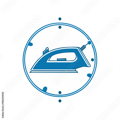 Blue steam iron icon inside a circular frame with dots suggesting time or progress