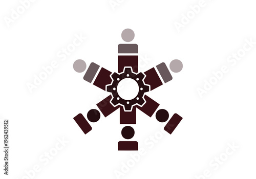A centralized management structure icon featuring a gear hub connected to six distinct team members or departments.