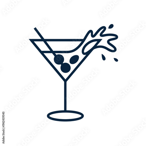 A simple line drawing depicts a classic martini glass overflowing with liquid and olives high quality