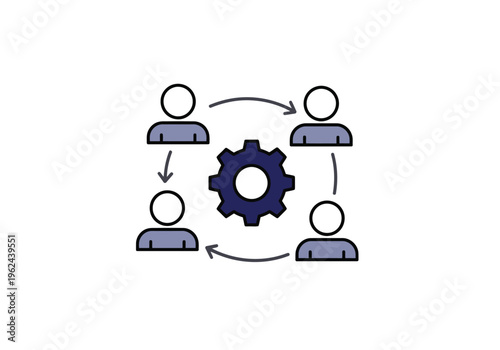 A central blue gear facilitates interaction between four simple outlined person icons with circular arrows.