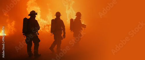 Firefighters walking through smoke and flames at emergency scene. Silhouette of men in protective gear during wildfire rescue. Real disaster situation and courageous job team concept. Banner with