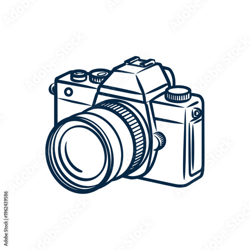 A stylized blue line drawing depicts a classic single lens reflex camera showcasing photographic equipment