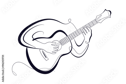 A minimalist line drawing depicts a classical guitar with a hand playing the instrument high quality
