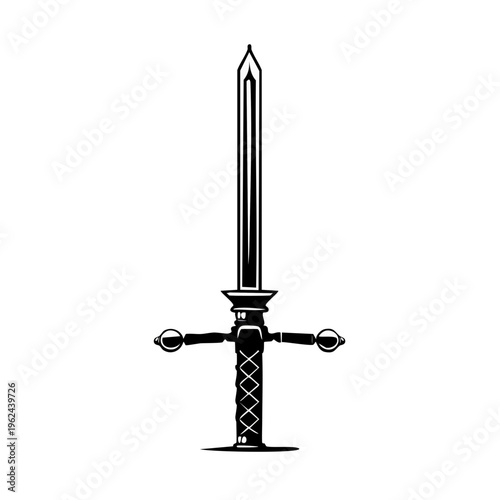 Ornate medieval sword with crossguard and wrapped hilt symbol