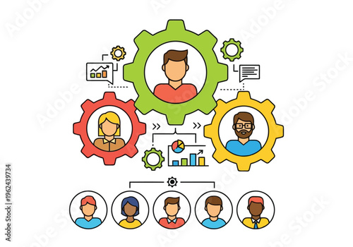 Three key leaders in colorful gears oversee a diverse team, integrating data and communication for business success.