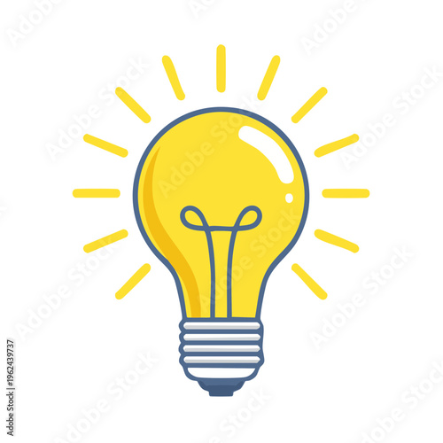 Bright yellow light bulb with radiating light rays